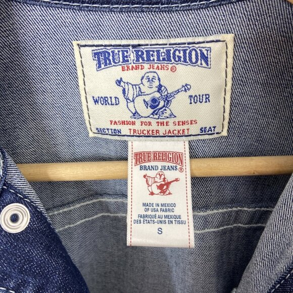 TRUE RELIGION Denim Trucker Jacket Blue Denim Jean Snap Button Small Woman Logo - Picture 8 of 8